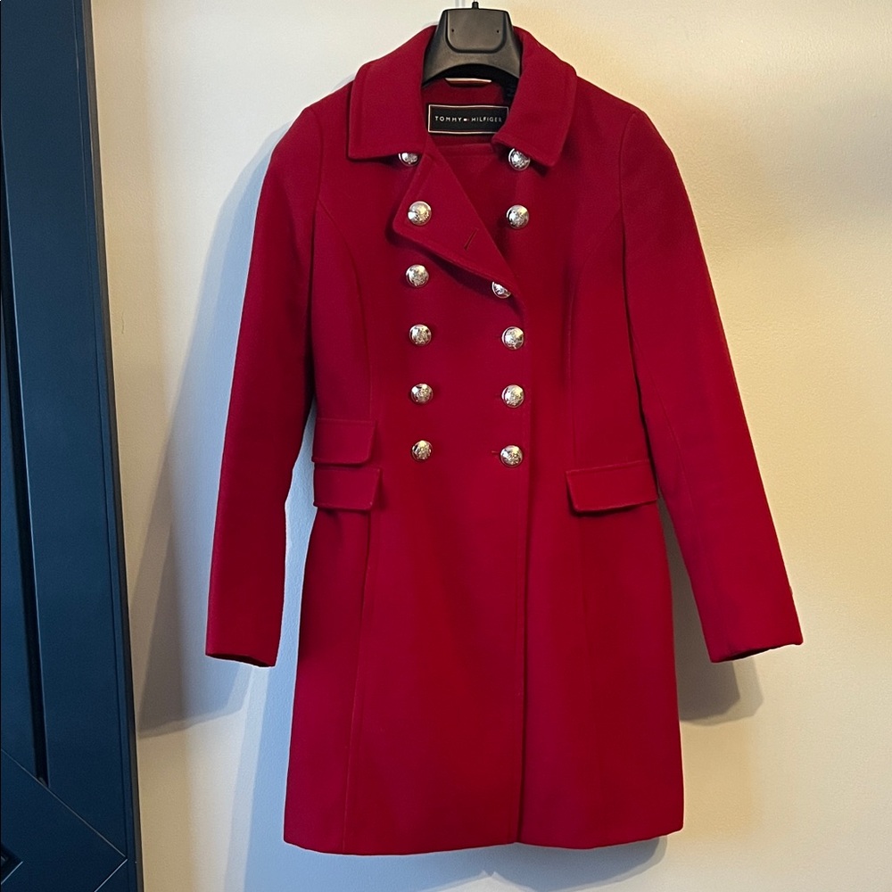 Tommy Hilfiger Red Pea Coat with Silver Buttons